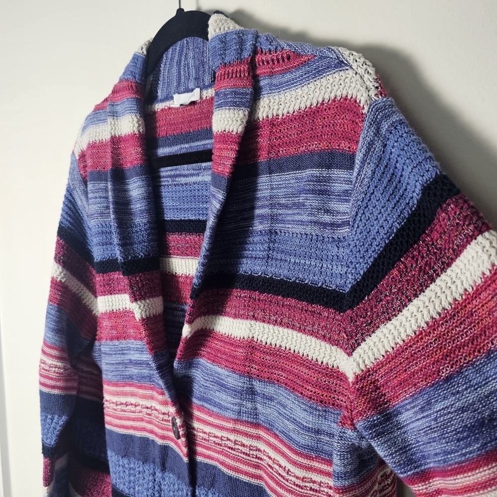 J. Jill Cardigan Sweater XL Blue Pink Striped Shawl Collar Button Front Grandma - Picture 3 of 8